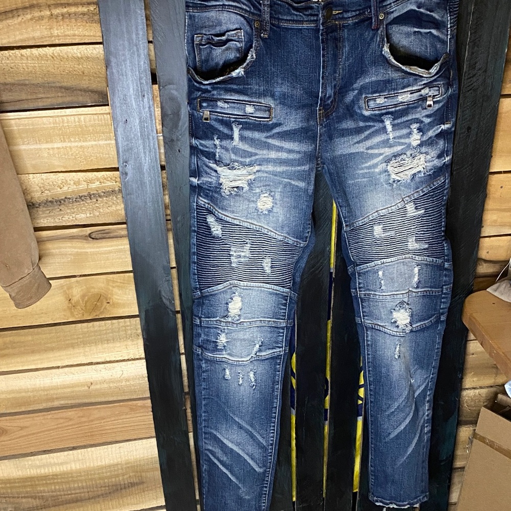 Preme Men's Distressed Blue Moto style  Jeans size 36x33